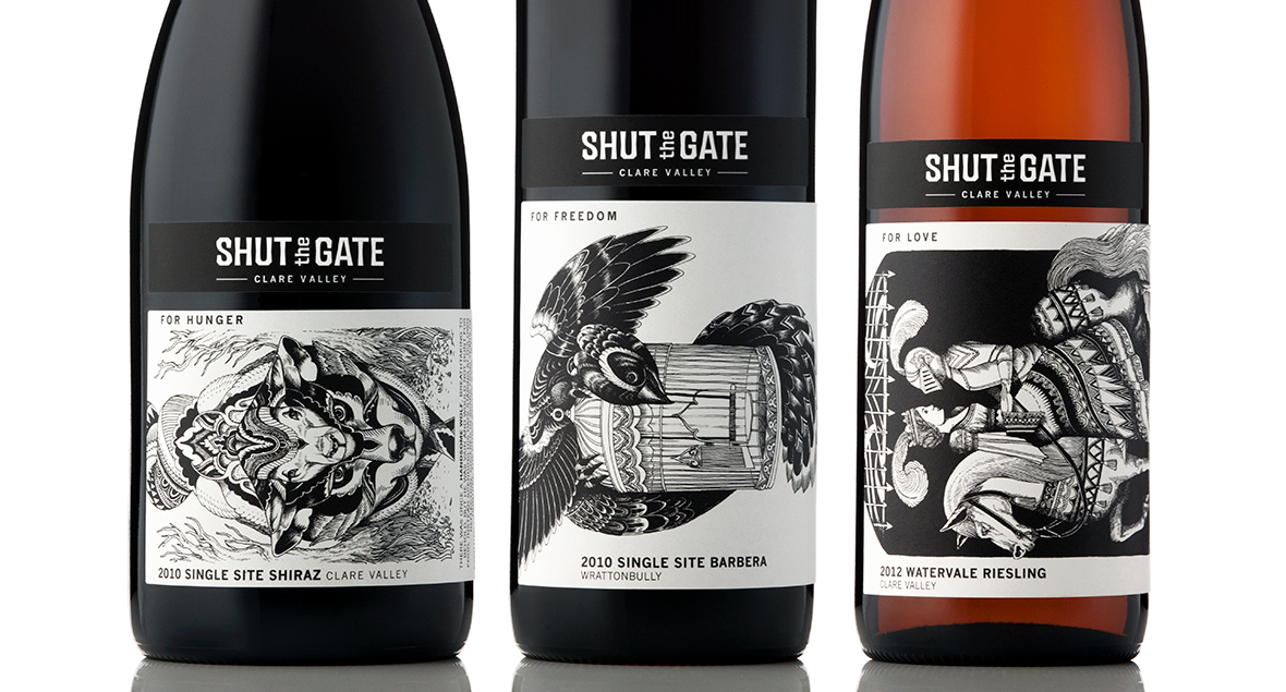 Shut The Gate Wines, Wine Label Design, Black Squid Design